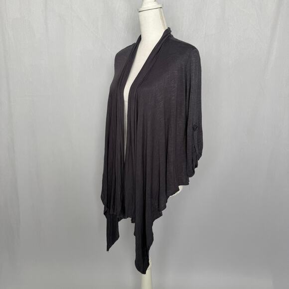 Draped Open Front Knit Cardigan Heathered Charcoal Crop Button Sleeves - Picture 4 of 5